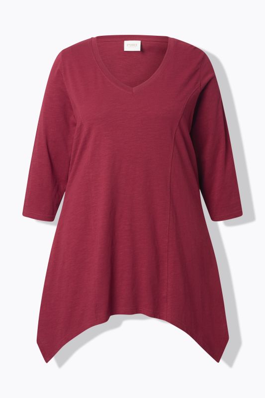 T-shirt, finition en pointe, col en V, manches 3/4, coton bio
