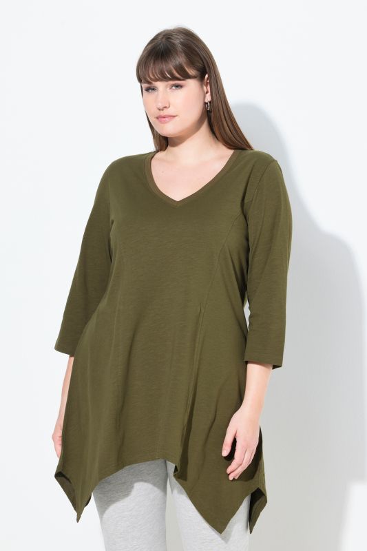 T-shirt, finition en pointe, col en V, manches 3/4, coton bio