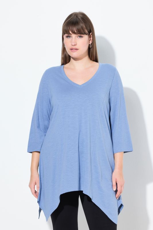 T-shirt, finition en pointe, col en V, manches 3/4, coton bio