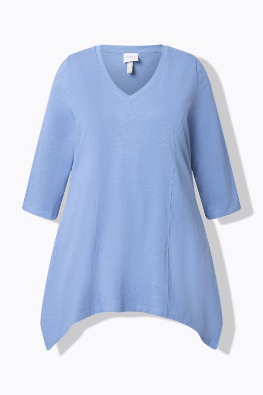 T-shirt, finition en pointe, col en V, manches 3/4, coton bio