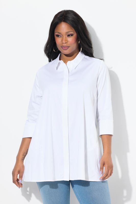 Chemisier avec plis godet. Col chemise et manches 3/4, ligne A