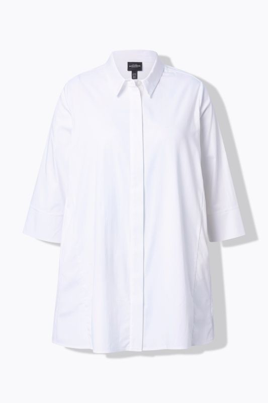 Chemisier avec plis godet. Col chemise et manches 3/4, ligne A