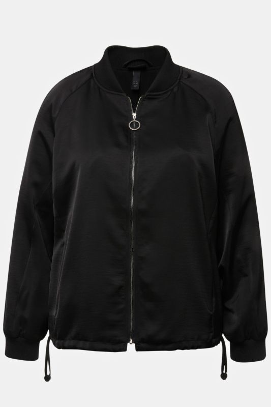 Veste de style universitaire en satin. Base en bord-côte, encolure style veste Teddy