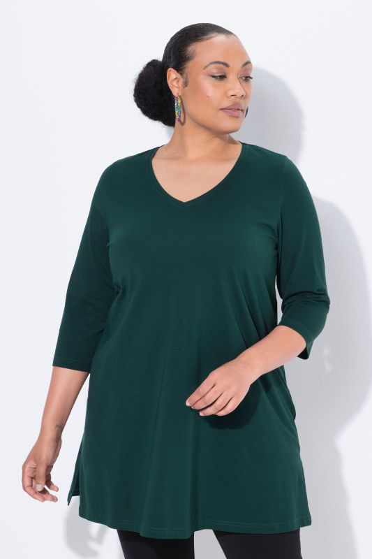 T-shirt long, silhouette en A, col V, manches 3/4