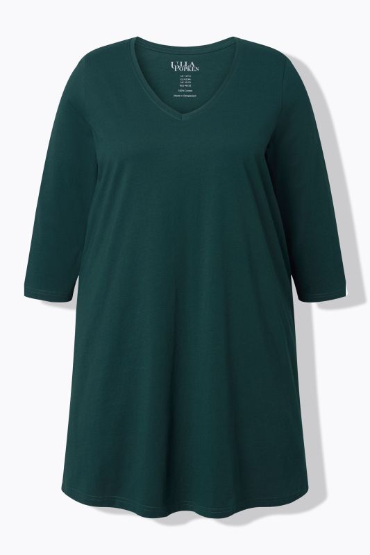 T-shirt long, silhouette en A, col V, manches 3/4