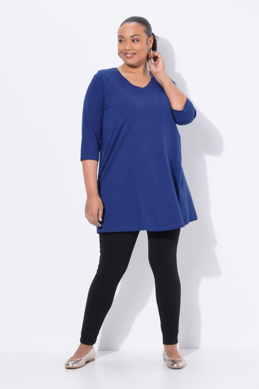 T-shirt long, silhouette en A, col V, manches 3/4