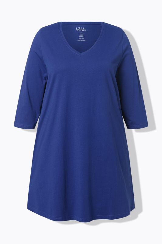 T-shirt long, silhouette en A, col V, manches 3/4