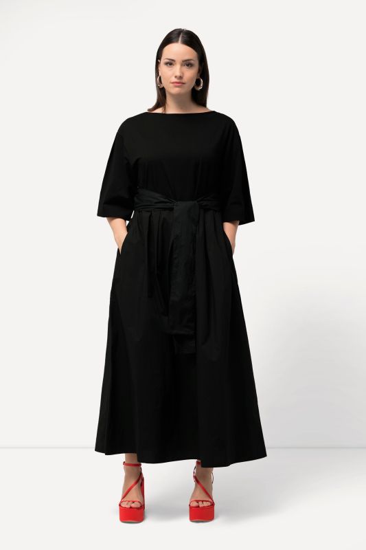 Robes maxi, coupe évasée, ceinture, col rond, manches courtes