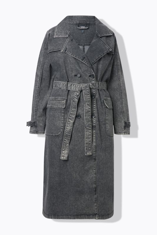 Trench-coat en jean, col à revers et double rangée de boutons. Style vintage.
