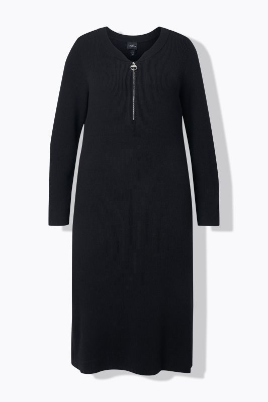 Robe midi en jersey bord-côte. Décolleté en V, fermeture à glissière et manches longues. Coupe évasée.