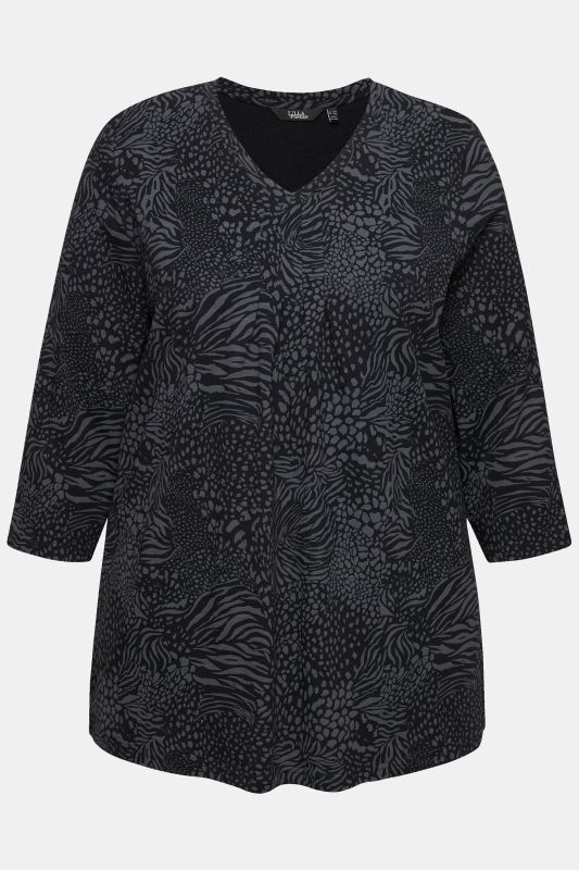 T-shirt coupe évasée, motif animal, col en V et manches 3/4
