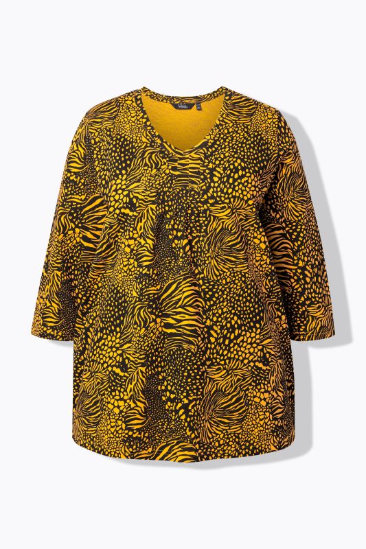 T-shirt coupe évasée, motif animal, col en V et manches 3/4