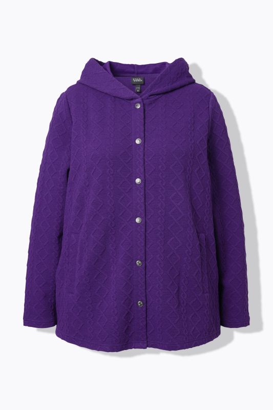 Veste à capuche, motif torsadé et boutons-pression. Dos plus long.