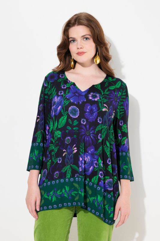 T-shirt col tunisien et manches 3/4, motif champêtre et coupe évasée