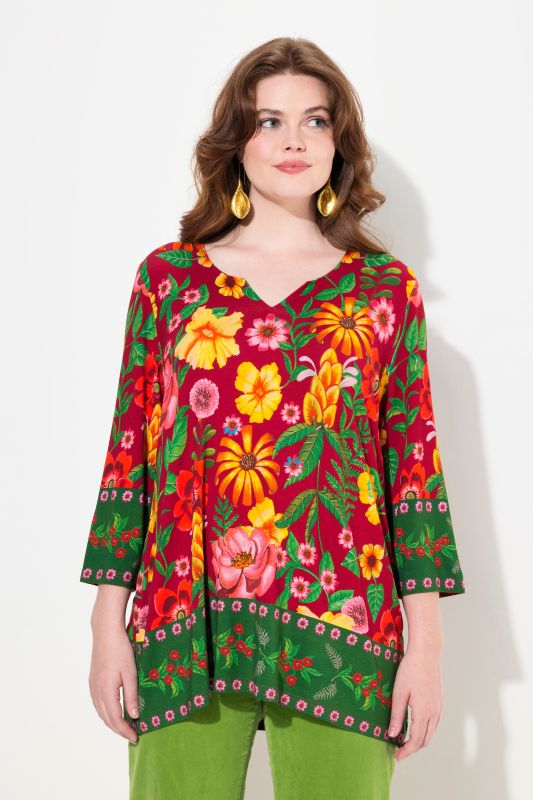 T-shirt col tunisien et manches 3/4, motif champêtre et coupe évasée