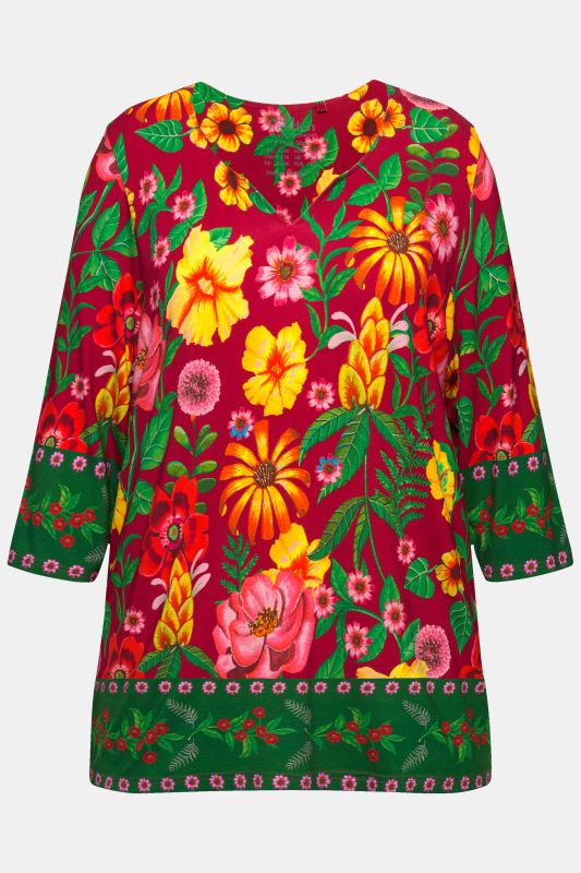 T-shirt col tunisien et manches 3/4, motif champêtre et coupe évasée