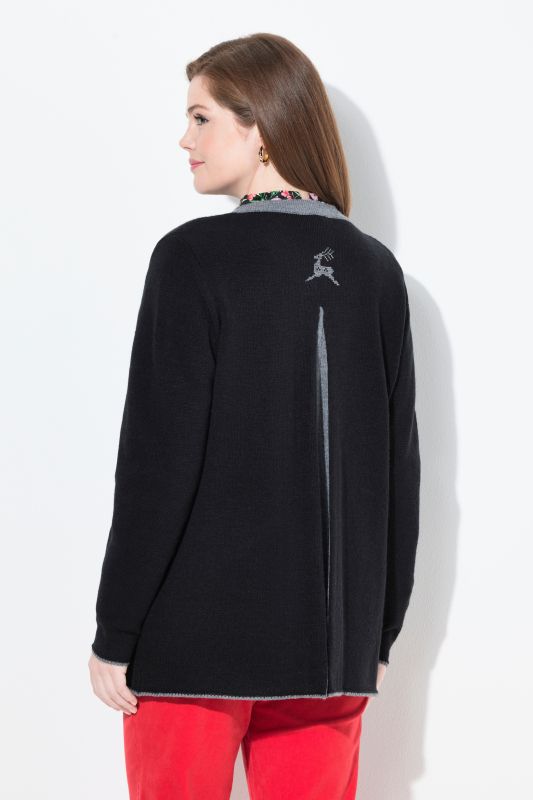 Cardigan long à col rond, broderie cerf, coupe évasée