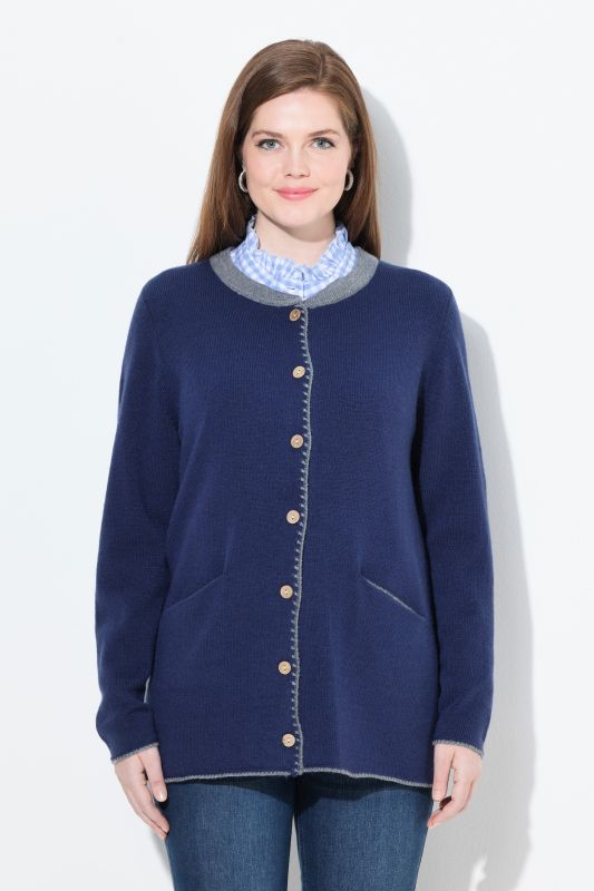 Cardigan long à col rond, broderie cerf, coupe évasée