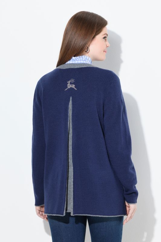 Cardigan long à col rond, broderie cerf, coupe évasée