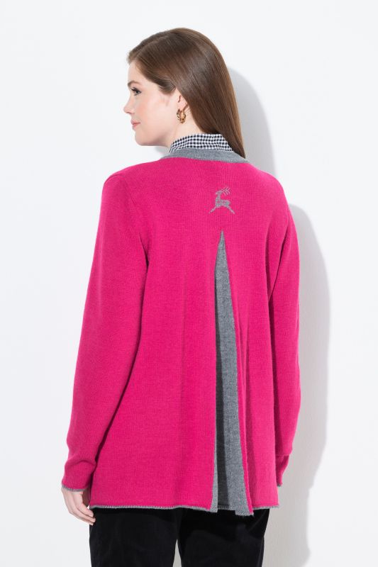 Cardigan long à col rond, broderie cerf, coupe évasée