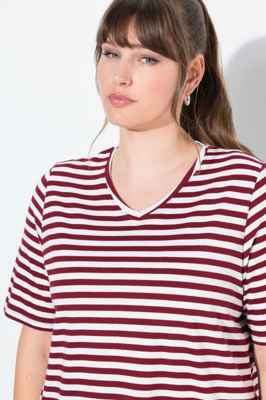 T-shirt, lot de 2, rayures/uni, col en V, manches courtes