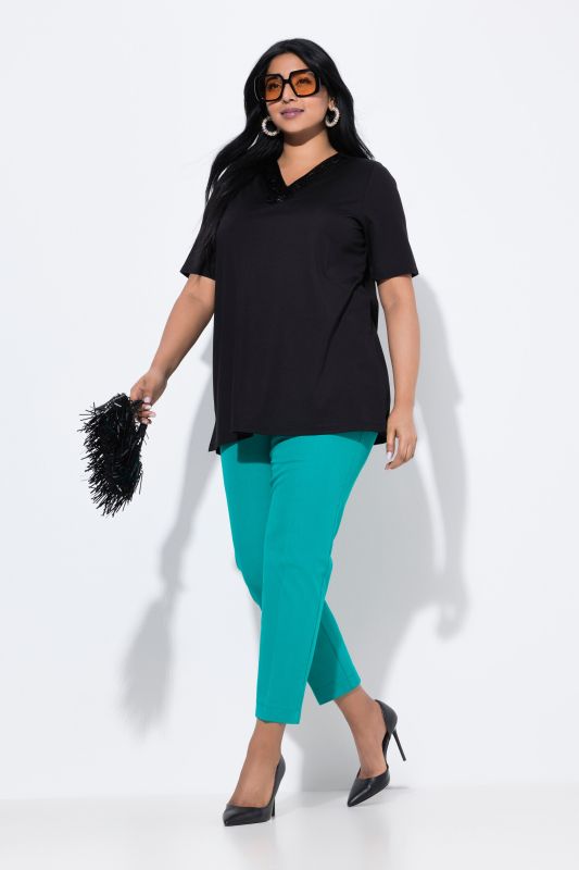 Pantalon 7/8, passepoil, taille élastique, jambe slim
