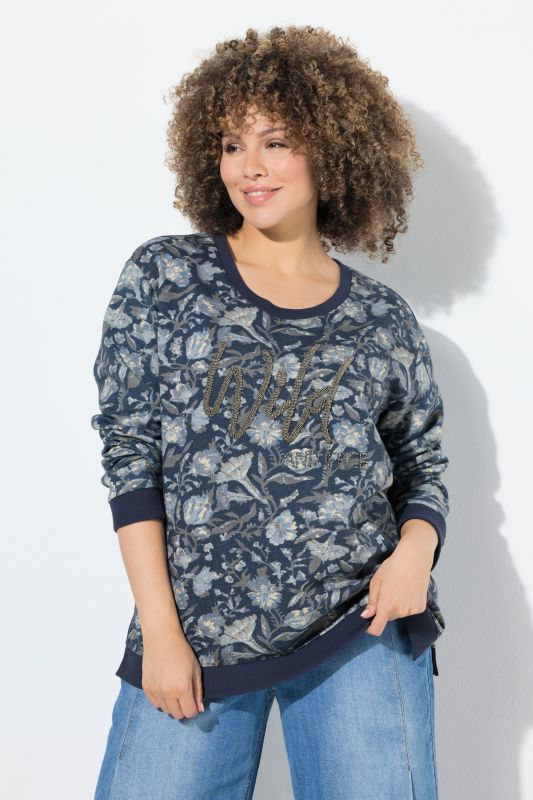 Sweat-shirt col rond et manches longues, message avec perles