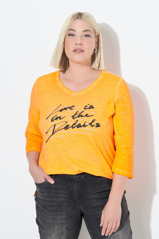 T-shirt à message, décolleté en V et manches 3/4, coupe évasée