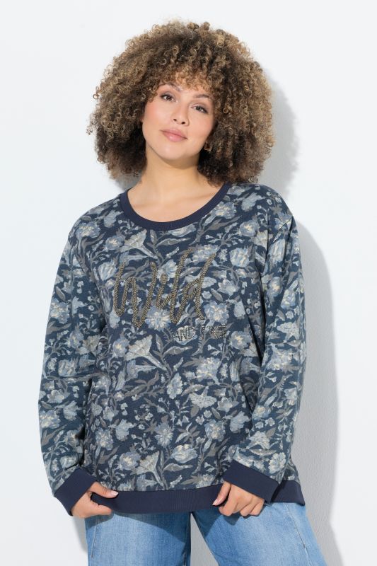 Sweat-shirt col rond et manches longues, message avec perles