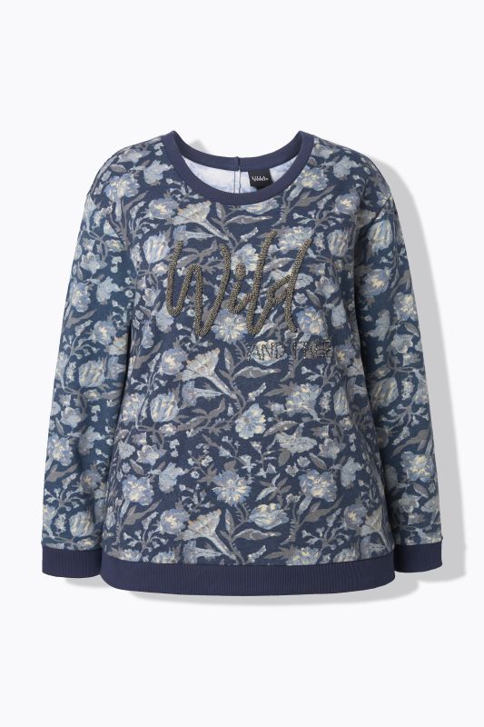 Sweat-shirt col rond et manches longues, message avec perles