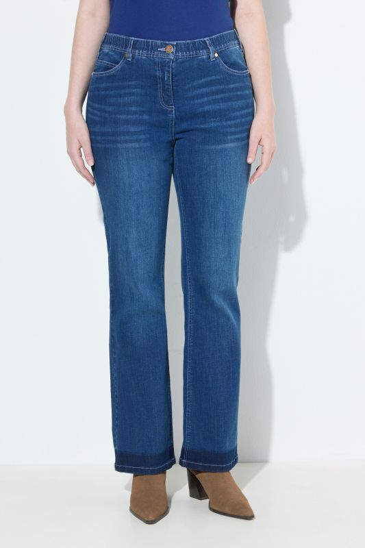 Jean Bootcut Sarah, en denim stretch, jambe évasée et ourlet frangé