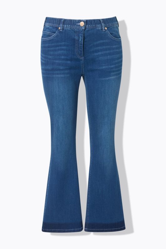 Jean Bootcut Sarah, en denim stretch, jambe évasée et ourlet frangé