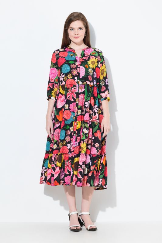 Robe maxi avec volant, motif à fleurs, manches 3/4 et col rond
