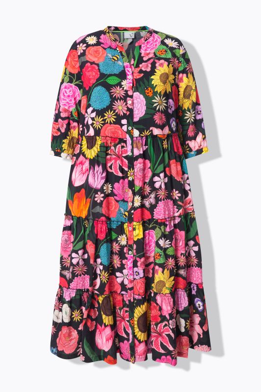 Robe maxi avec volant, motif à fleurs, manches 3/4 et col rond