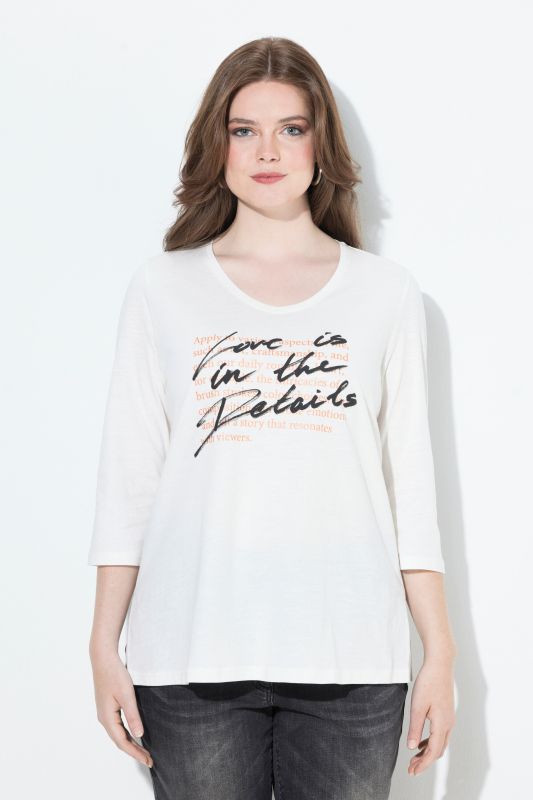 T-shirt à message, décolleté en V et manches 3/4, coupe évasée