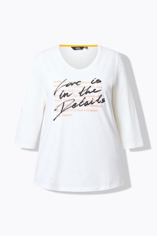 T-shirt à message, décolleté en V et manches 3/4, coupe évasée