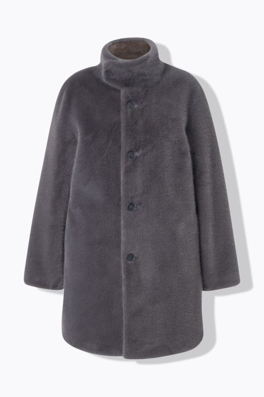 Manteau court imitation fourrure, col montant et boutons-pression, coupe évasée