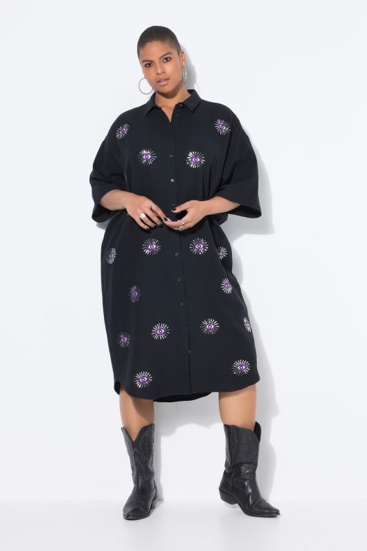 Robe midi en mousseline. Coupe oversize. Broderie yeux