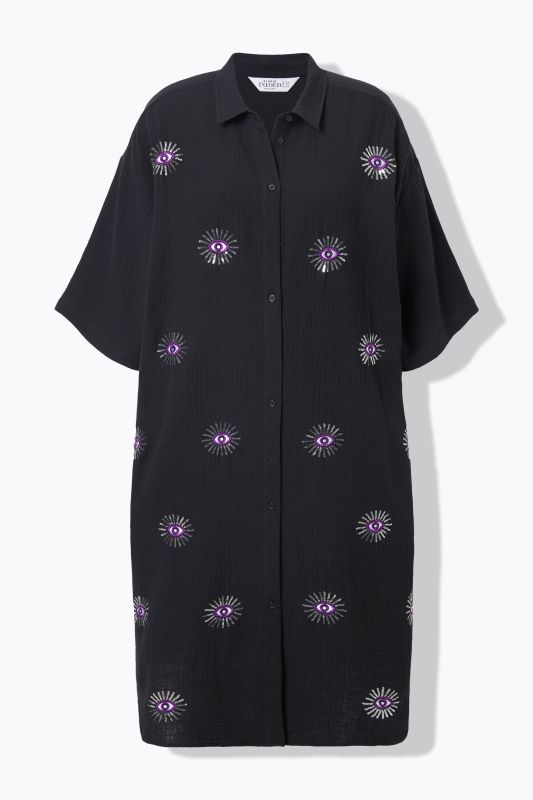 Robe midi en mousseline. Coupe oversize. Broderie yeux