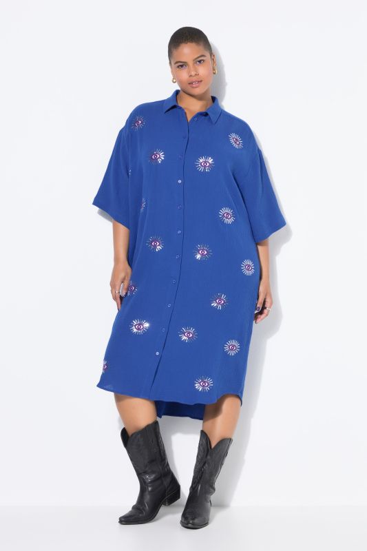 Robe midi en mousseline. Coupe oversize. Broderie yeux