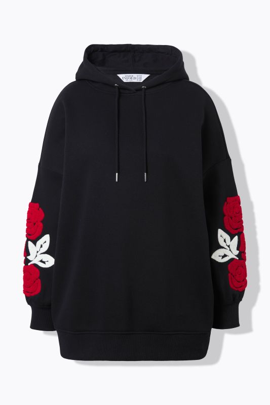 Sweat à capuche très oversize. Imprimé roses sur les manches