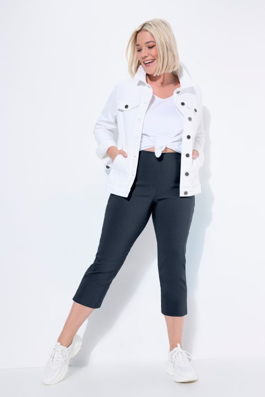 Pantalon en bengaline stretch. Longueur au mollet et taille élastique