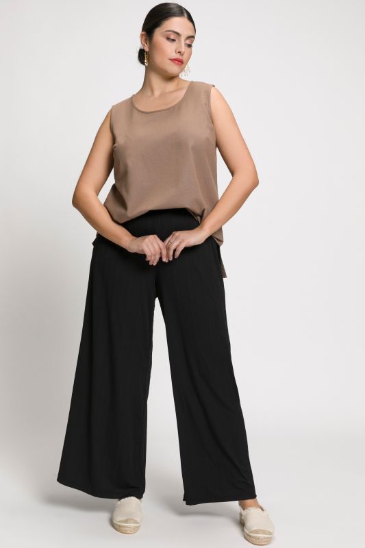 Pantalon Mary, coupe Marlene, jersey bord-côte, jambe large et taille élastique