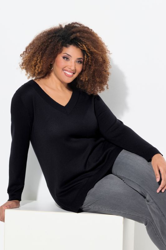 Pull col en V, manches longues, maille fine et douce