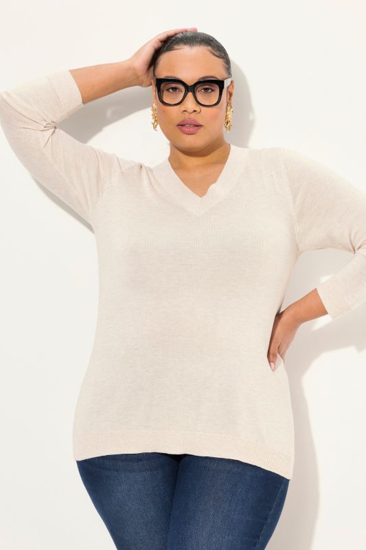 Pull col en V, manches longues, maille fine et douce