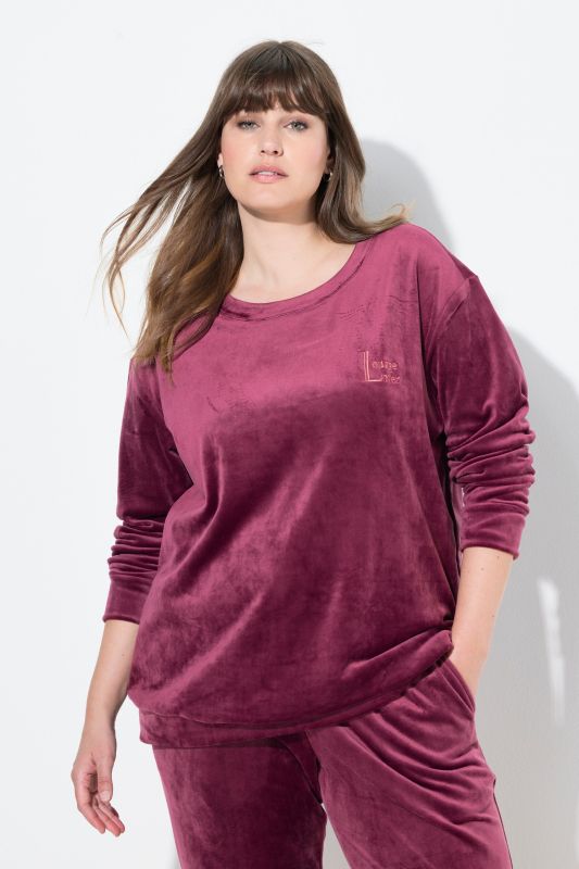 Pull homewear, velours ras, broderie, manches longues