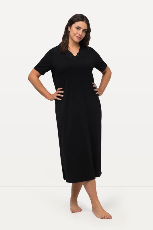 Chemise de nuit en modal mélangé, manches courtes et broderies ajourées