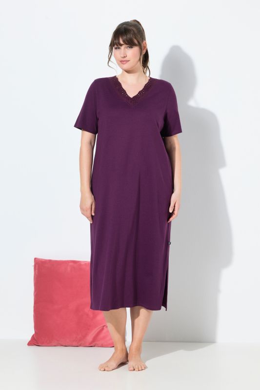 Chemise de nuit en modal mélangé, manches courtes et broderies ajourées
