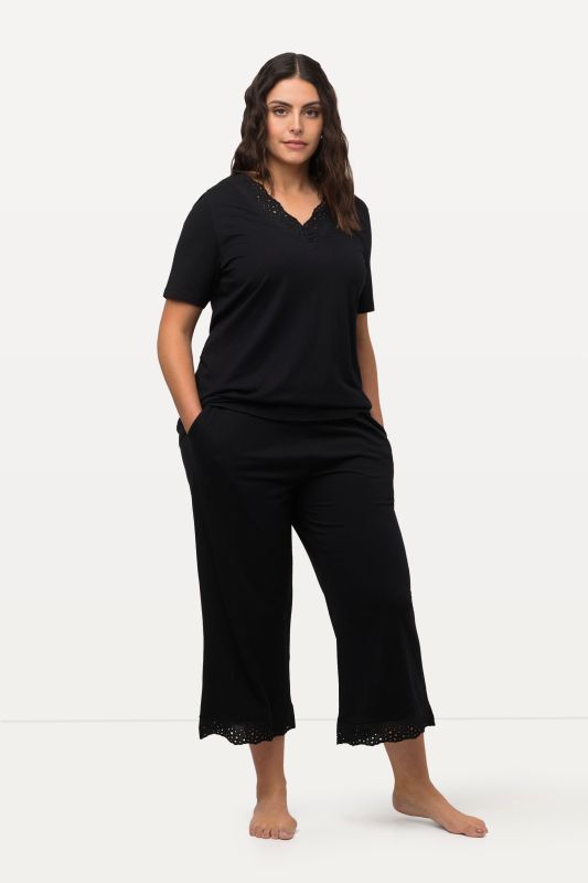 Pyjama en modal mélangé, T-shirt à manches courtes, broderie ajourée