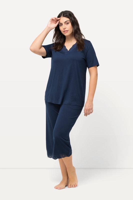 Pyjama en modal mélangé, T-shirt à manches courtes, broderie ajourée